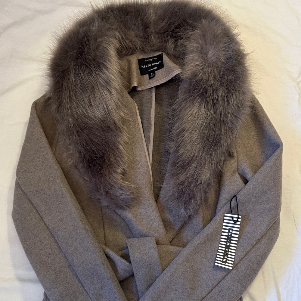 Haute Monde Gray Pea Coat with Faux Fur Collar